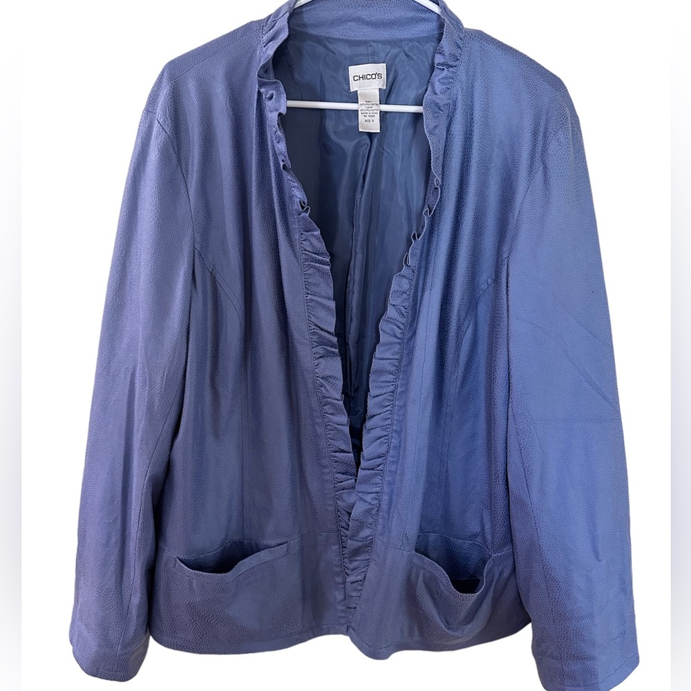 Chico’s Blue Animal Print Ruffle Trim Faux Suede Blazer Size 3